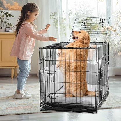 Veehoo 36 inch Dog Crates for Large Dogs with Bumper-Three Doors Folding Metal Wire Dog Crate Cage, Indoor Outdoor Large Dog Crate with Plastic Leak-Proof Tray-Portable Pet Kennel Kit