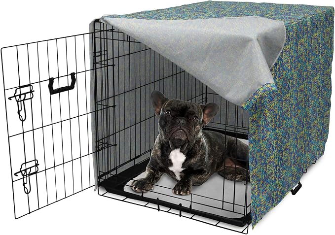 Lunarable Yellow and Blue Dog Crate Cover, Circles Squares and Triangles Mosaic Pattern with Dots Vibrant, Easy to Use Pet Kennel Cover for Cats & Medium Dogs, 24 Inch, Purple Sky Blue Yellow