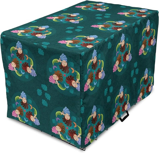 Lunarable Mermaid Dog Crate Cover, Smiling Happy Cheerful Mermaids with Seashells Scallops Exotic Waters Spirals, Easy to Use Pet Kennel Cover for Small Dogs Puppies Kittens, 22 Inch, Teal Multicolor