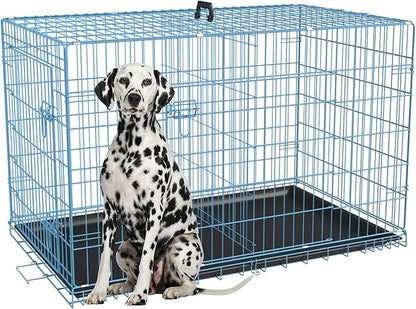 FDW Dog Crate for Large Dogs 48 Inch Folding Metal WirePet Cage Double Door W/Divider Panel Indoor Outdoor Kennel Leak-Proof Plastic Tray,Blue