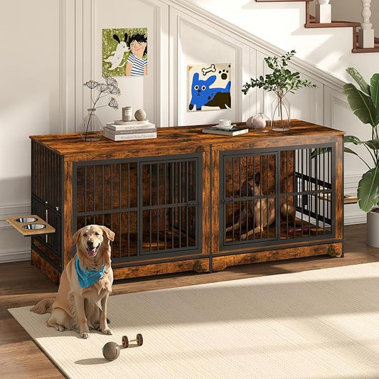 78 Inch Dog Crate Furniture with 4 Bowls, Double Dog Kennel Indoor with 360° Rotating and Adjustable Height Dog Bowl Holder, Brown Large Dog Wooden Crate with Divider for 2 Dogs