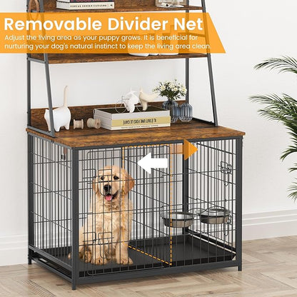 IDEALHOUSE Dog Crate Furniture,Flip-up Top Pet Crate Furniture,Indoor End Table Dog Cage with 3-Layer Storage Shelves,Dog Crates for Medium Dogs,Dog Kennel Furniture with Adjustable Bowls,Brown