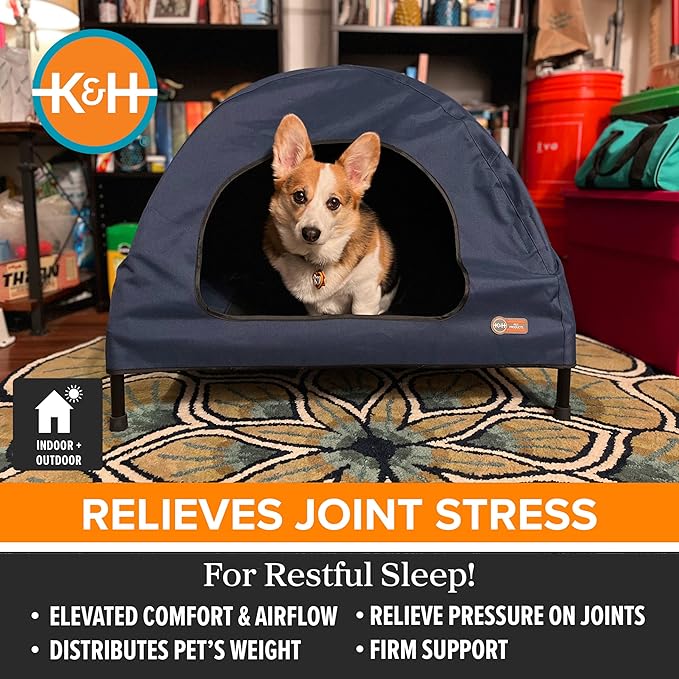 K&H Pet Products Pet Cot House for Medium Dogs, Outdoor Elevated Dog Cot House, Enclosed Canopy, Window Flaps for Air Flow, Washable Cover, Raised Metal Frame, Collapsible - Medium 32 X 25in Blue