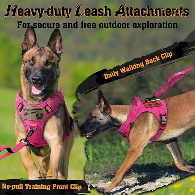 rabbitgoo Dog Harness for Large Dogs No Pull, Tactical Service Dog Vest with Molle and Control Handle, Adjustable and Reflective Military Pet Harness for Easy Walking and Training, Rose Red, XL