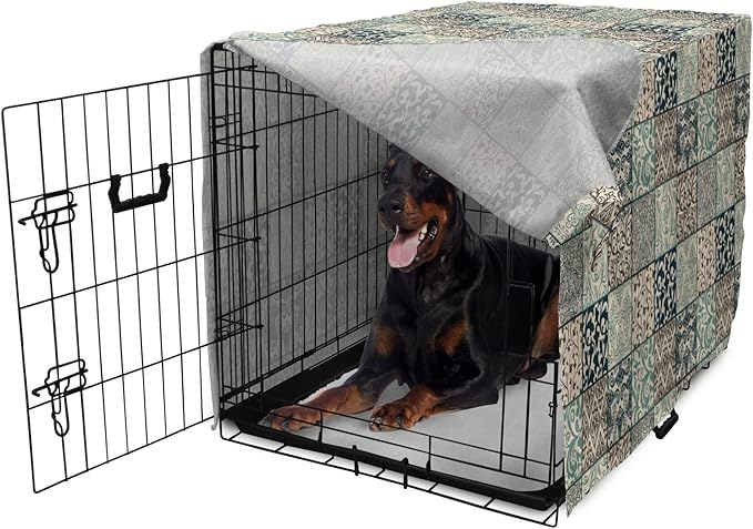 Lunarable Geometric Dog Crate Cover, Antique Mosaic with Victorian Garden Motifs Damask and Scroll Flower, Easy to Use Pet Kennel Cover for Medium Large Dogs, 42 Inch, Seafoam Brown Dark Blue