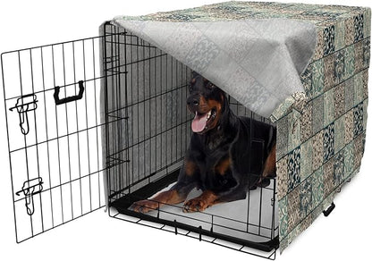 Lunarable Geometric Dog Crate Cover, Antique Mosaic with Victorian Garden Motifs Damask and Scroll Flower, Easy to Use Pet Kennel Cover for Medium Large Dogs, 42 Inch, Seafoam Brown Dark Blue
