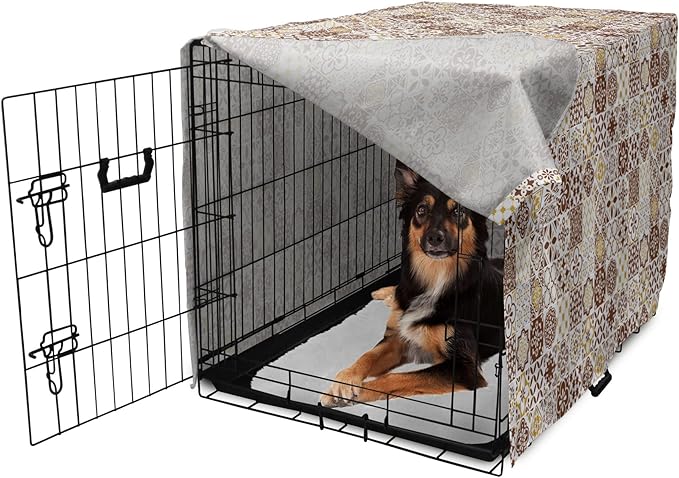 Lunarable Ethnic Dog Crate Cover, Portuguese Azulejo Mosaics with Floral Scrolls Retro Mediterranean, Easy to Use Pet Kennel Cover for Medium Large Dogs, 36 Inch, Chocolate Earth Yellow