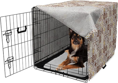 Lunarable Ethnic Dog Crate Cover, Portuguese Azulejo Mosaics with Floral Scrolls Retro Mediterranean, Easy to Use Pet Kennel Cover for Medium Large Dogs, 36 Inch, Chocolate Earth Yellow