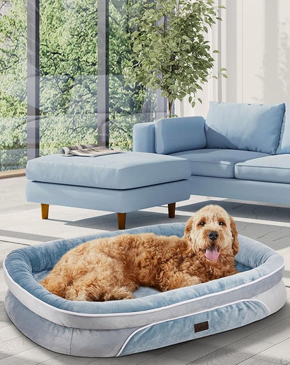 OhGeni Orthopedic Dog Bed for Extra Large Dogs, Dog Couch Design with Egg Foam Support, Removable, Washable Plush Cover and Non-Slip Bottom with Four Sided Bolster Cushion (Washed Blue)