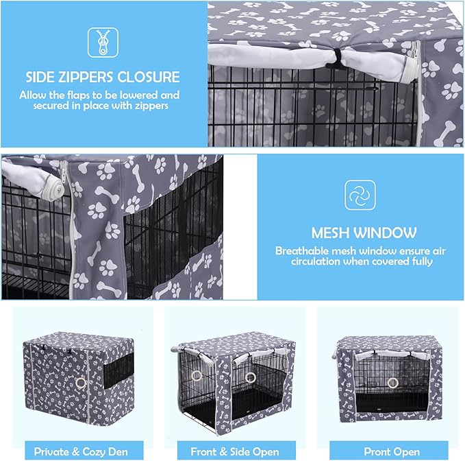 Dog Crate Cover Kennel Dogs Covers fits Small Medium Large crates cage Heavy Nylon Waterproof soundproof Indoor Outdoor - Cover only - Grey Bone paw - 30 inch