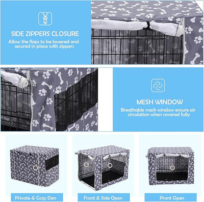 Dog Crate Cover Kennel Dogs Covers fits Small Medium Large crates cage Heavy Nylon Waterproof soundproof Indoor Outdoor - Cover only - Grey Bone paw - 30 inch