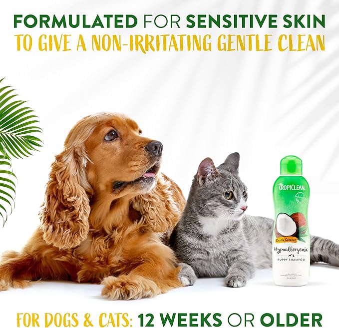 TropiClean Gentle Puppy Shampoo, Dog Shampoo for Allergies & Sensitive Skin, Made in USA, Gentle Coconut Scent, Safe for Cats & Kittens, 20oz