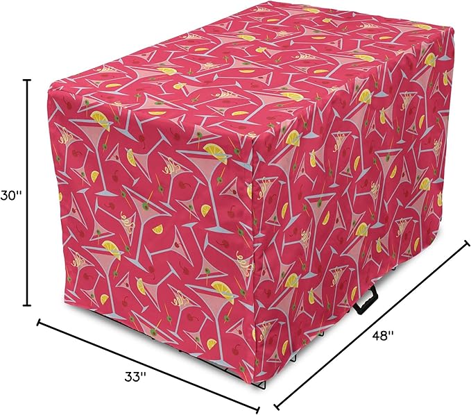 Lunarable Drinks Dog Crate Cover, Exotic Pattern of Tropical Cocktail Party Glasses with Lemons Slice, Easy to Use Pet Kennel Cover for Medium Large Dogs, 48 Inch, Dark Coral Multicolor