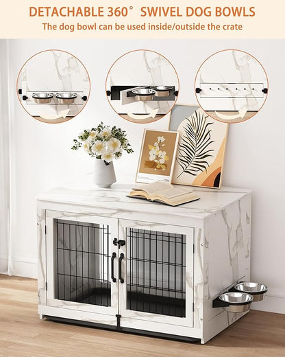 Piskyet Wooden Dog Crate Furniture with 360°Rotatable Removable Dog Bowls, Dog Crate End Table with Tray, Double Doors Dog Kennels for Dogs(XL:43.2" L*28.6" W*30.3" H, Marble White)