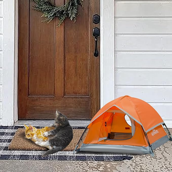 Outdoor Waterproof Pet Camping Tent, Cave Bed for Indoor Cats and Small Dogs, Portable Cat House Dog House, 21.6x21.6x14.9'', Orange, S.