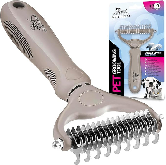 Pat Your Pet Deshedding Brush - Double-Sided Undercoat Rake for Dogs & Cats - Shedding Comb and Dematting Tool for Grooming, Extra Wide (Grey)