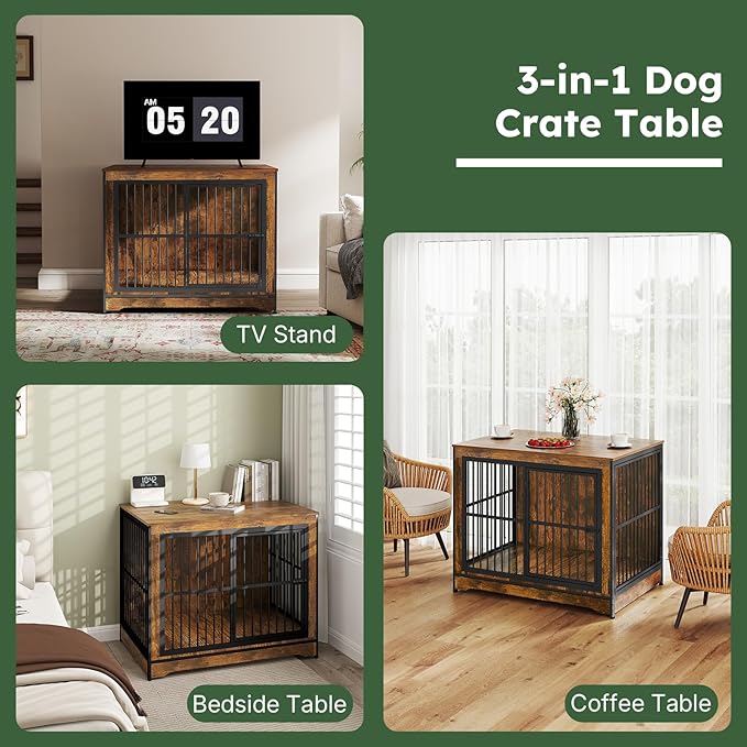 Extra Large Dog Crate 43 Inch, Large Dog Kennel Indoor with 3 Doors, Wooden Dog Crates End Table, Heavy Duty Dog Cage Furniture for Large Medium Dogs