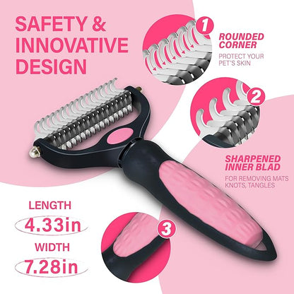 Pet Grooming Brush - Professional Undercoat Rake for Long-Haired Dogs & Cats, Extra Wide Double-Sided Stainless Steel Teeth for Removing Knots, Mats, and Tangles, Reduce Shedding by 95%, Pink