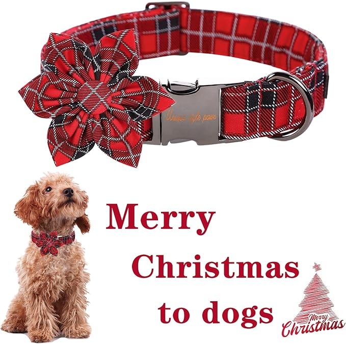 Unique style paws Christmas Dog Collar with Flower Tie Red Black Grid Cotton Collar Adjustable Puppy Plaid Collar for Small Medium Large Dogs-S