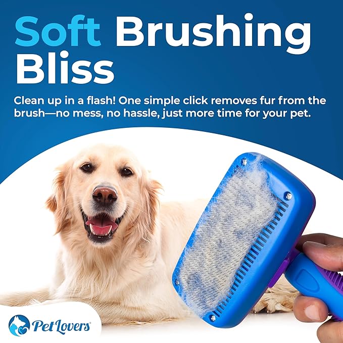 PetLovers EzSlicker Self-Cleaning Brush - Dog Brush for Shedding, Gentle Slicker Brush for Cats, Tangle-Free Grooming Comb with Soft Bristles & Ergonomic Handle for Stress-Free Grooming (Purple)