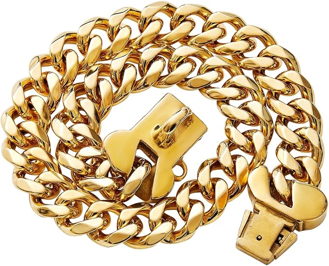 15mm Wide Strong Stainless Steel Bone Style Buckle Gold Dog Chain Collar,18K Gold Plated Cuban Link Chain Dog Necklace Collar for Small Medium Large Dogs - 18''