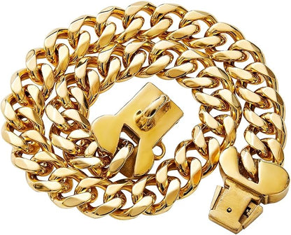 15mm Wide Strong Stainless Steel Bone Style Buckle Gold Dog Chain Collar,18K Gold Plated Cuban Link Chain Dog Necklace Collar for Small Medium Large Dogs - 18''