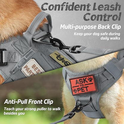 rabbitgoo Tactical Dog Harness for Large Dogs, Heavy Duty Dog Harness with Handle, No-Pull Service Dog Vest Large Breed, Adjustable Military Dog Vest Harness for Training Hunting Walking, Grey, L