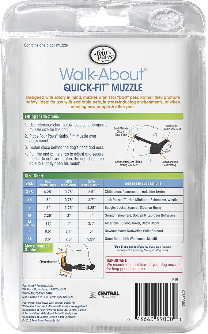 Four Paws Walk-About Quick-Fit Dog Muzzle 2 - Small ,Black