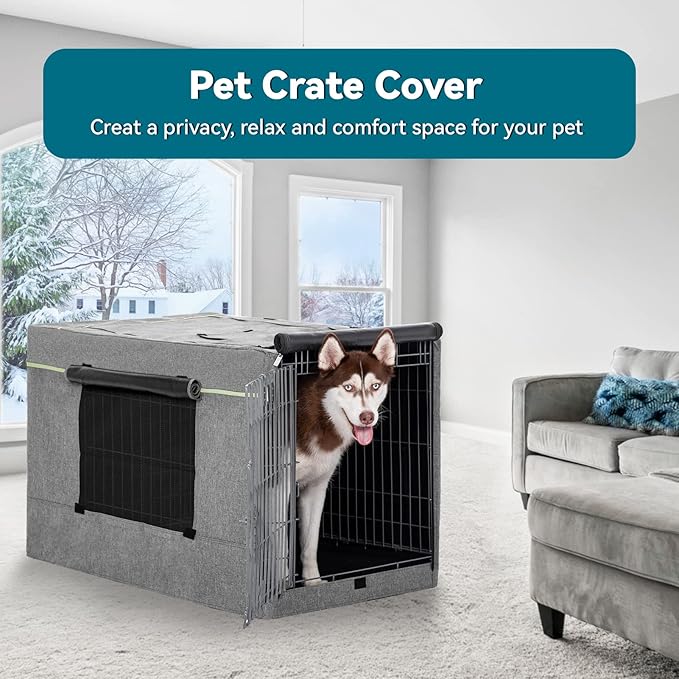 PETSFIT Dog Kennel Cover,36 Inch Crate Cover for Wire Dog Crate， Double Doors, Mesh Window, Flap On The Top and Back is Detachable, Dog Crate Cover Grey