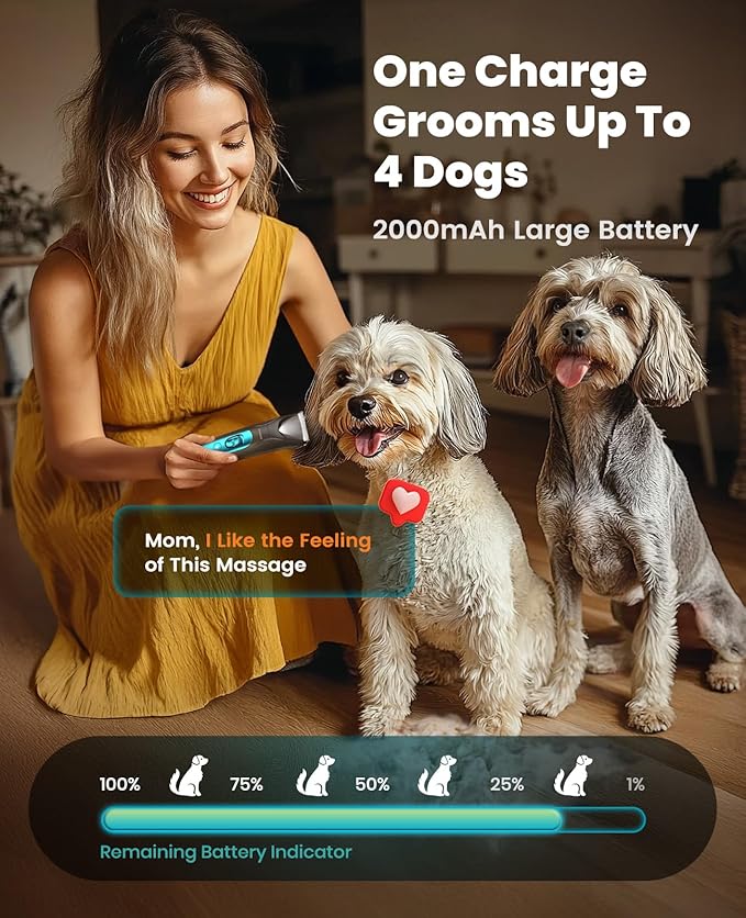 oneisall Quiet Dog Clippers for Grooming, LED Light Dog Paw Trimmer Dog Nail Grinder, Rechargeable 2000mAh Dog Grooming Clippers Cordless Dog Hair Trimmer Electric Dog Trimmer for Paw, Nail, Body