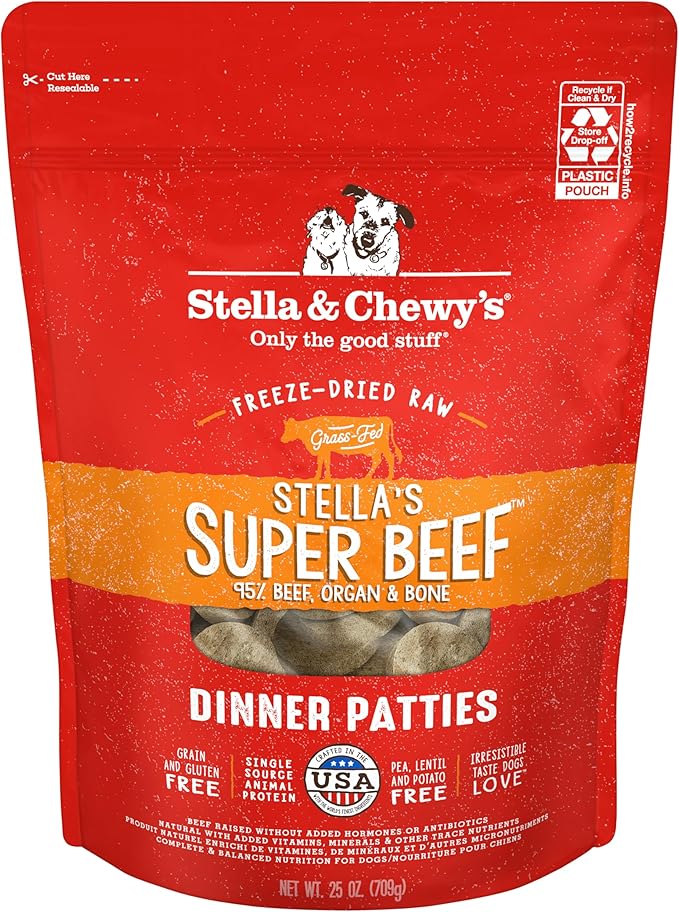 Stella & Chewy's Freeze Dried Raw Dinner Patties – Grain Free Dog Food, Protein Rich Stella’s Super Beef Recipe – 25 oz Bag