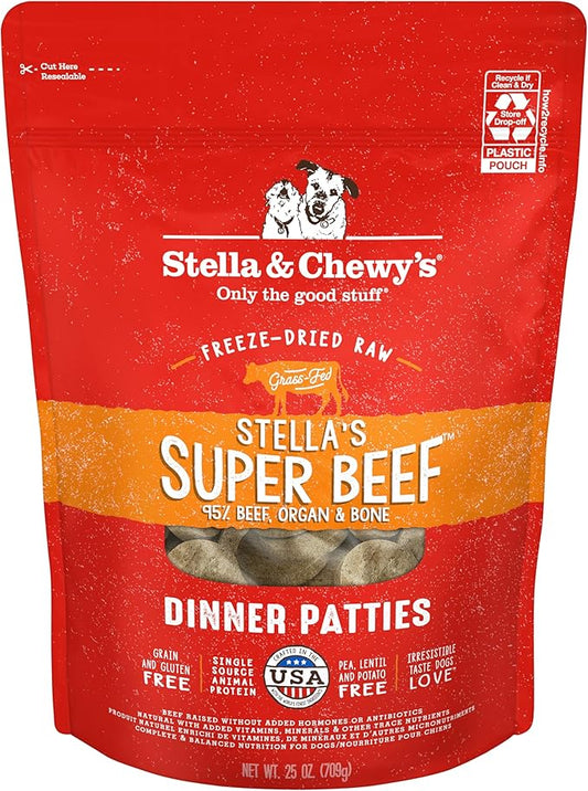 Stella & Chewy's Freeze Dried Raw Dinner Patties – Grain Free Dog Food, Protein Rich Stella’s Super Beef Recipe – 25 oz Bag