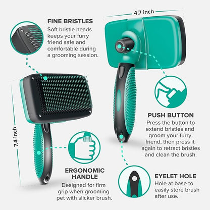 Ruff 'N Ruffus Self-Cleaning Slicker Brush With NO- PAIN Bristles Gently Removes Loose Undercoat & Tangled Hair For Cats & Dogs Reduces Shedding by 95% +Pet Nail Clipper