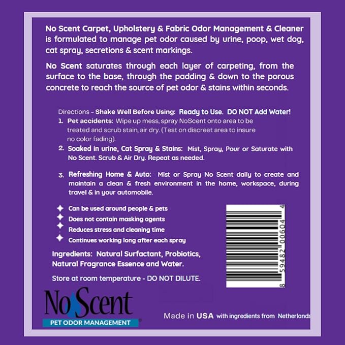 No Scent Carpet Upholstery & Fabric Furniture Spray Spot Cleaner for Wet Dog Smell, Cat Spray, Pet Odor, Urine, Poop & Secretions (2 Fl Oz / 59 mL)
