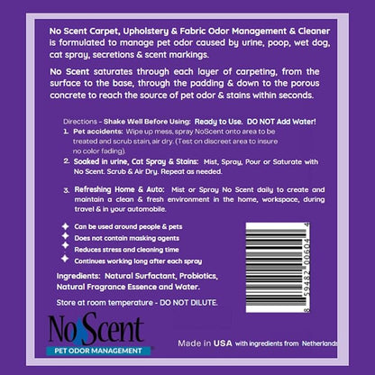 No Scent Carpet Upholstery & Fabric Furniture Spray Spot Cleaner for Wet Dog Smell, Cat Spray, Pet Odor, Urine, Poop & Secretions (2 Fl Oz / 59 mL)