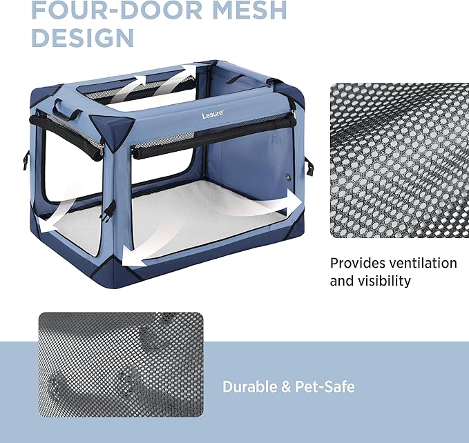 Lesure Collapsible Dog Crate - Portable Travel Kennel for Medium Dog, 4-Door Pet Crate with Durable Mesh Windows, Indoor & Outdoor, Blue