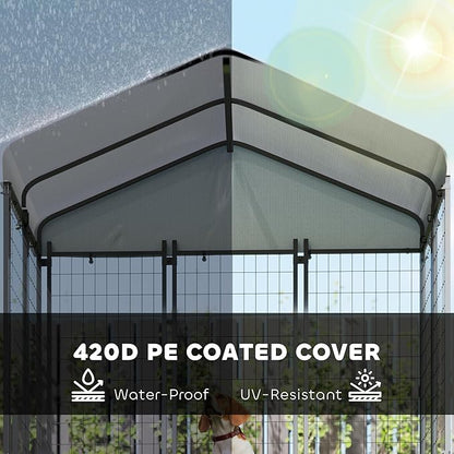 PawHut 5.9' x 4' x 6' Outdoor Dog Kennel, Welded Wire Heavy Duty Dog Run with 360° Rotating & 4 Level Adjustable Bowls, Dog Kennel Outside with Waterproof & UV Resistant Cover, for S&M Dogs