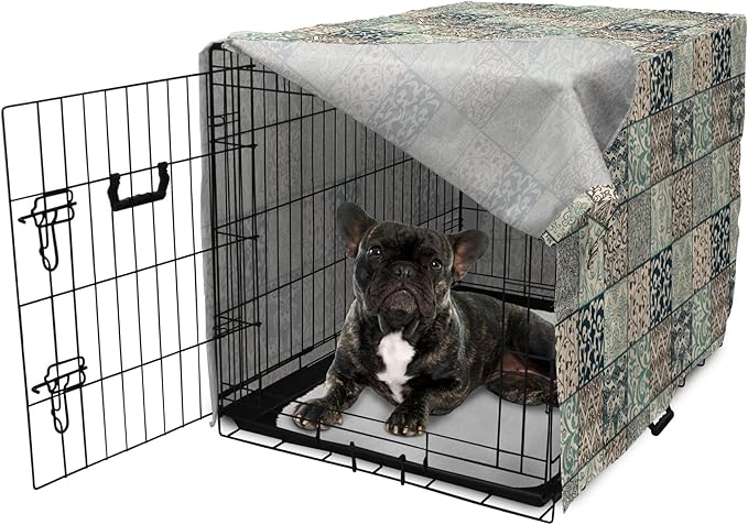 Lunarable Geometric Dog Crate Cover, Antique Mosaic with Victorian Garden Motifs Damask and Scroll Flower, Easy to Use Pet Kennel Cover for Cats & Medium Dogs, 24 Inch, Seafoam Brown Dark Blue