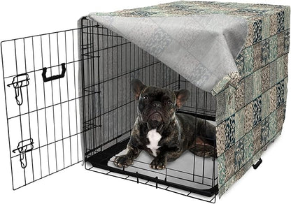 Lunarable Geometric Dog Crate Cover, Antique Mosaic with Victorian Garden Motifs Damask and Scroll Flower, Easy to Use Pet Kennel Cover for Cats & Medium Dogs, 24 Inch, Seafoam Brown Dark Blue