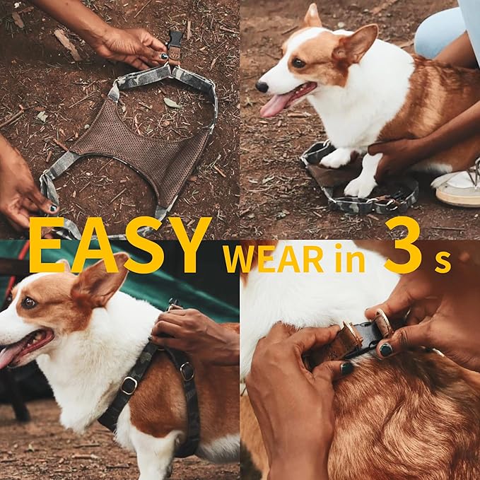 Puppytie Dog Harness with Multi-Functional Leash, No-Pull No-Choke Escape-Proof Dog Vest, Soft Breathable Step-in Pet Harness, Lightweight Comfortable for Medium Dogs, Denim Khaki Button-M （17-35lb）