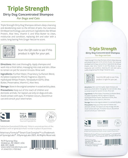 Veterinary Formula Smart Coat Complex Triple Strength Dirty Dog Concentrated Shampoo, 17 Fl oz – DirtRepel Tech Cleans Extra Dirty and Smelly Dogs – Contains Shea Butter and Aloe Vera to Soothe