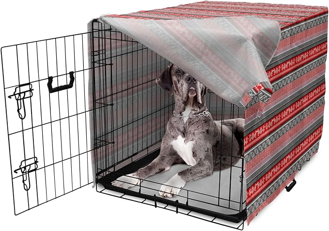 Lunarable Aztec Dog Crate Cover, Bird Motifs Abstract Indigenous Style Squares Latin American Inspired, Easy to Use Pet Kennel Cover for Medium Large Dogs, 48 Inch, Red Black White