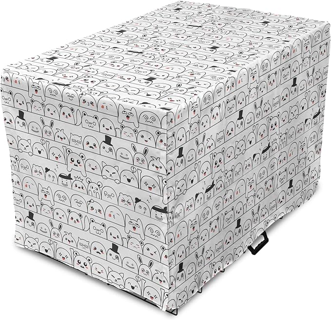 Lunarable Cartoon Dog Crate Cover, Funny Creatures and Monsters Doodle Faces in Manga Style Emotions, Easy to Use Pet Kennel Cover for Small Dogs Puppies Kittens, 22 Inch, Charcoal Grey Coral White