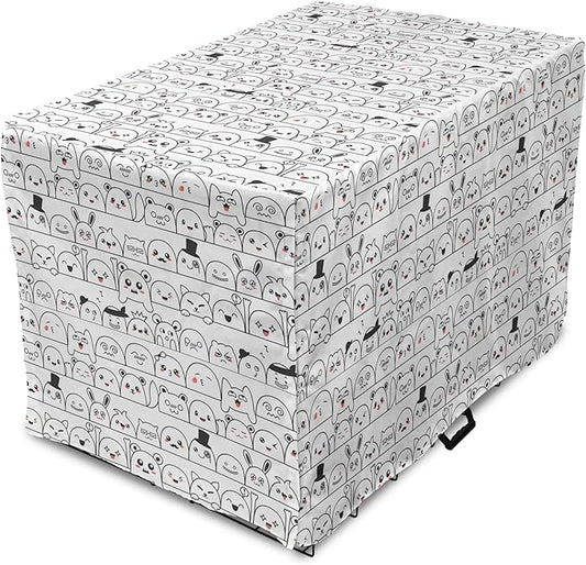 Lunarable Cartoon Dog Crate Cover, Funny Creatures and Monsters Doodle Faces in Manga Style Emotions, Easy to Use Pet Kennel Cover for Small Dogs Puppies Kittens, 22 Inch, Charcoal Grey Coral White