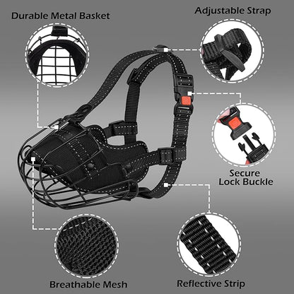 OOPSDOGGY Pitbull Dog Muzzle Reflective Metal Mask Secure Wire Basket Muzzle for Large Sized Dogs Amstaff Soft Cage Muzzle to Prevent Biting Chewing with Adjustable Nylon Straps (Black, Pitbull)