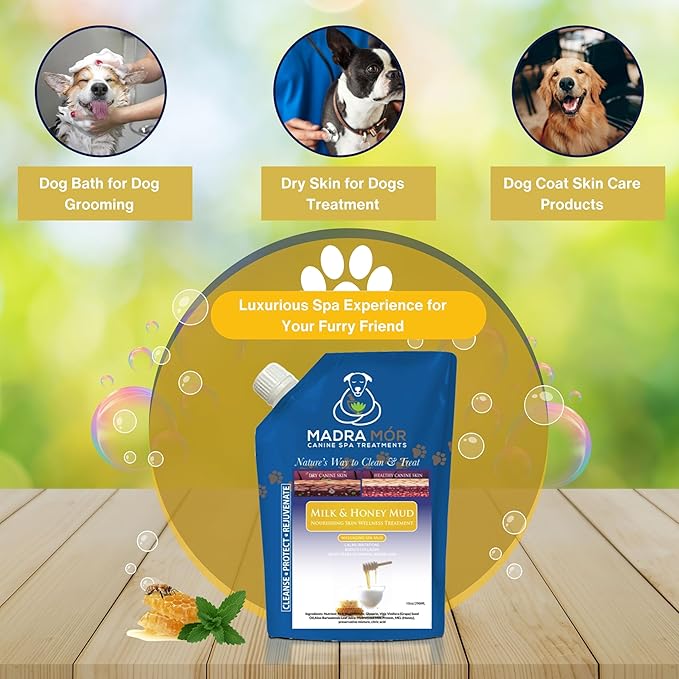 Worldwide Nutrition Madra Mor Milk & Honey Mud Spa Bath for Dogs | Dog Bath for Dog Grooming | 10oz Pouch Mud Bath Dog Essentials with Multi-Purpose Key Chain, brown
