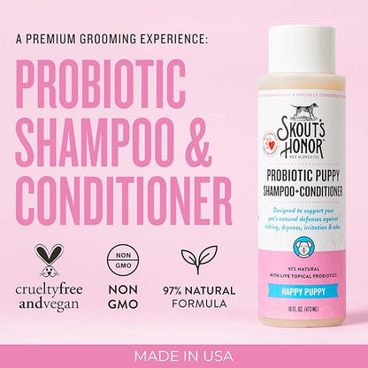 Skout's Honor Probiotic Pet Shampoo & Conditioner with Avocado Oil & Omega-3s, 97% Natural, Paraben & Sulfate-Free, Cruelty-Free, 16oz, Happy Puppy, 2-Pack