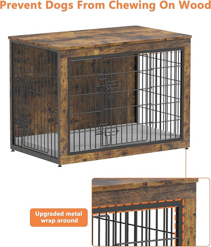 Piskyet Dog Crate Furniture with Cushion,Heavy-Duty Reinforced Metal Mesh,44" Wooden Dog Crate End Table with Double Doors,Indoor Dog Kennel,Dog Cage Side Table for Large Breed,Rustic Brown