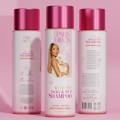 Paris Hilton Dog Shampoo - Sweet Pea & Vanilla Fresh Scent, Sulfate-Free Vegan & Hypoallergenic for All Dog Breeds, with Oatmeal & Aloe for Healthy Coats, Reduced Shed & Show-Ready Grooming 16oz/480ml
