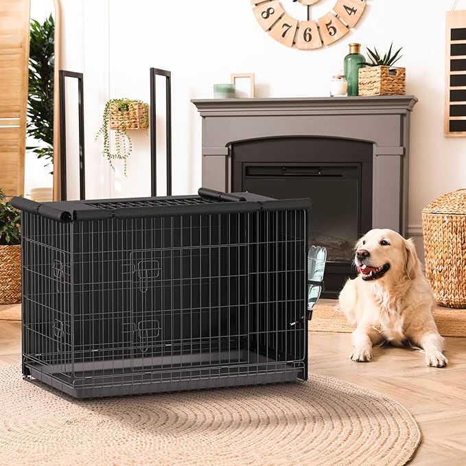 Dog Crate Cover - Privacy Kennel Cover Fits 36 inch Double Door Wire Crate, Heavy Duty 600D Oxford Fabric Dog Cage Cover with Top Window and Drinking Hole Design, Black, (Cover Only)